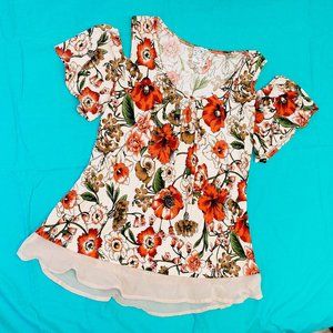 NAIF Cold Shoulder Top Ladies Orange Earth Feel Short Sleeves Scoop Neck